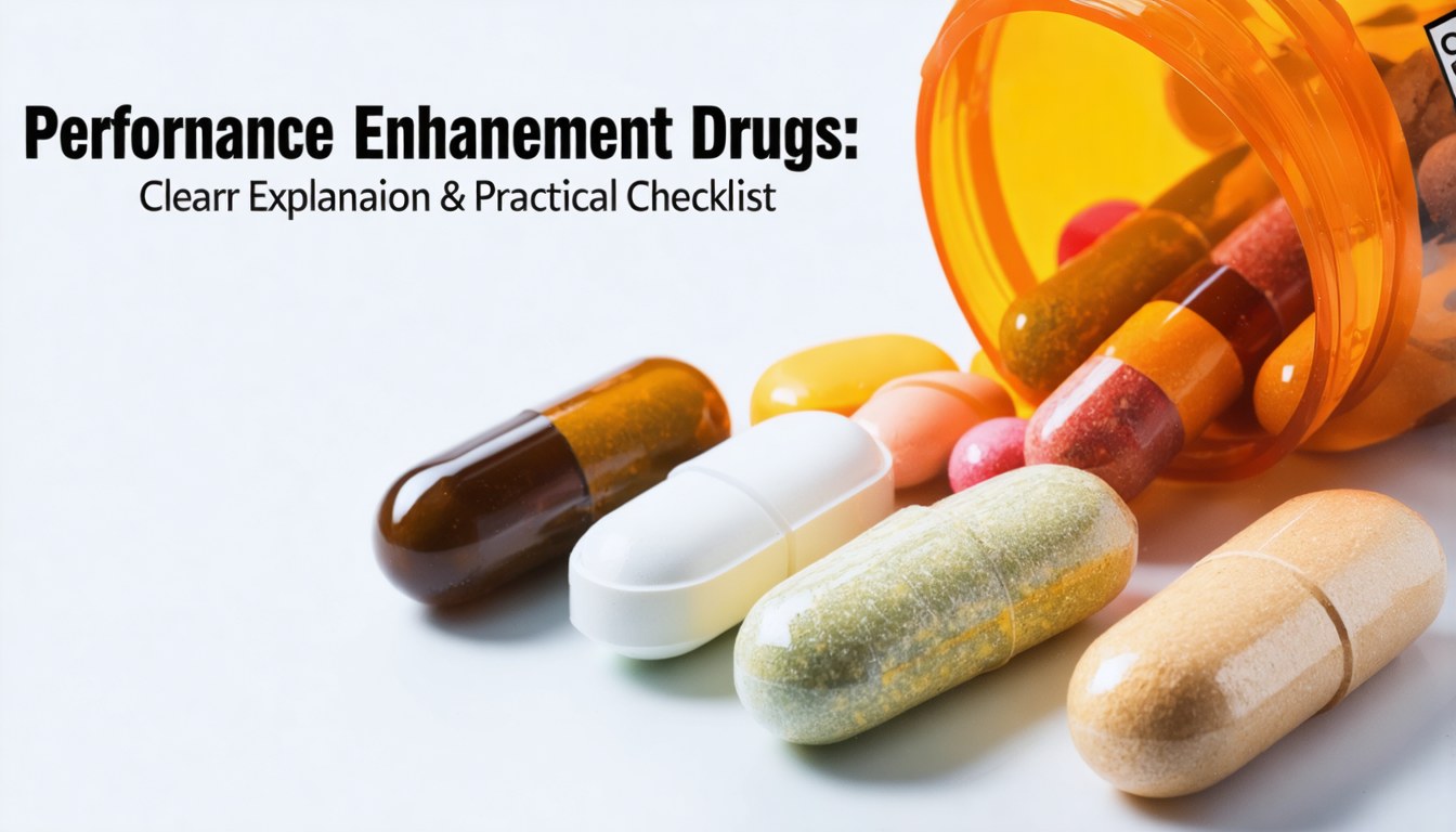 A selection of performance enhancement drugs including tablets and injectable vials arranged on a medical table with a stethoscope